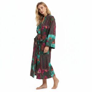 Peruvian Connection Plum Blossom Robe Women Small Aqua Pink Floral Pima Cotton